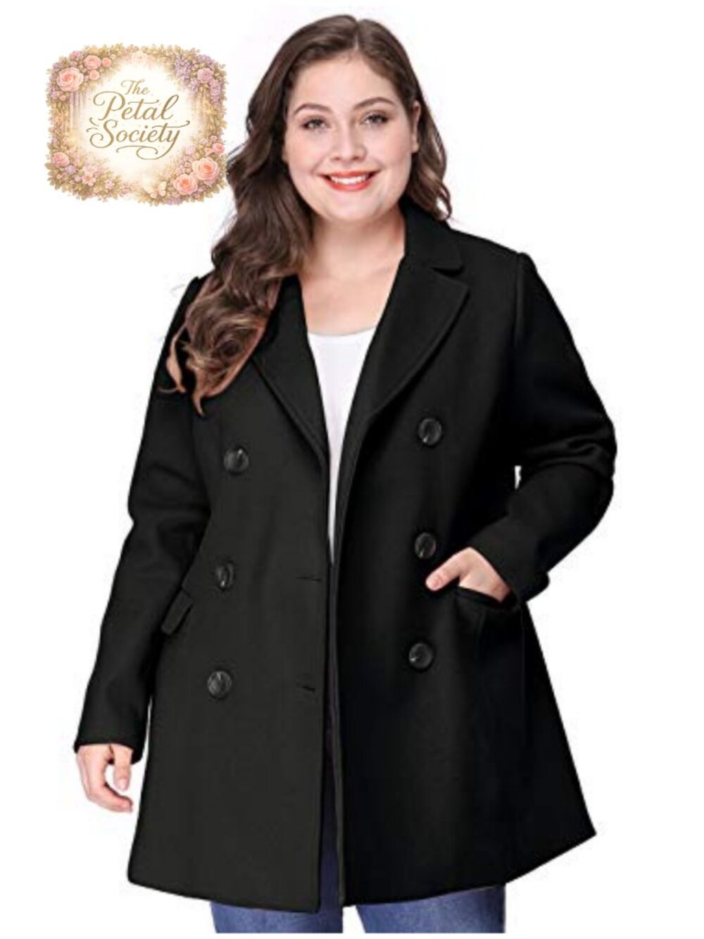 Notched Lapel Double Breasted Pea Coat Full Lined Flap Pockets Work